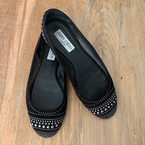 Jimmy Choo Shoes - Jimmy Choo Studded Suede Leather Black Silver Ballet Flats Size 8